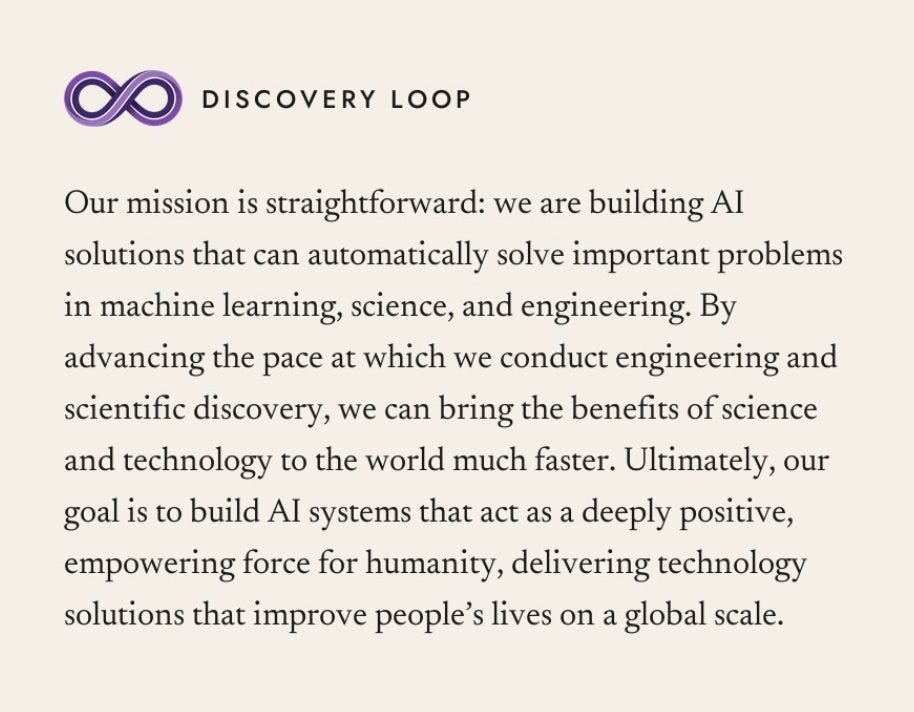 A Discovery Loop pitch-deck slide showing its mission to automate machine learning, science, and engineering across the 14 US National Academy of Engineering Grand Challenge problems.