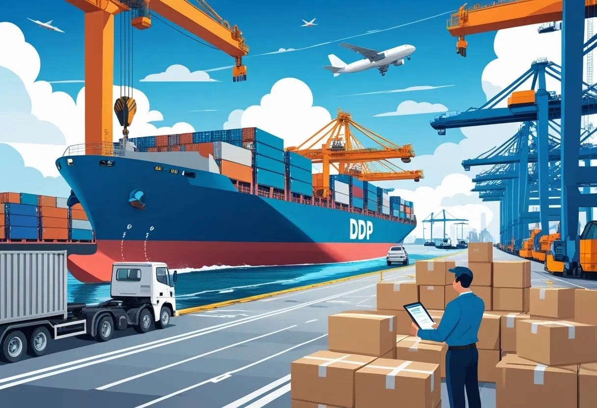 A cargo ship at a busy port with cranes loading containers, a logistics manager checking a tablet, and trucks and airplanes in the background representing global shipping and delivery. A cargo ship at a busy port with cranes loading containers, a logistics manager checking a tablet, and trucks and airplanes in the background representing global shipping and delivery.