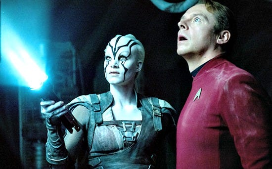 Left to right: Sofia Boutella plays Jaylah and Simon Pegg plays Scotty in Star Trek Beyond from Paramount Pictures, Skydance, Bad Robot, Sneaky Shark and Perfect Storm Entertainment Left to right: Sofia Boutella plays Jaylah and Simon Pegg plays Scotty in Star Trek Beyond from Paramount Pictures, Skydance, Bad Robot, Sneaky Shark and Perfect Storm Entertainment