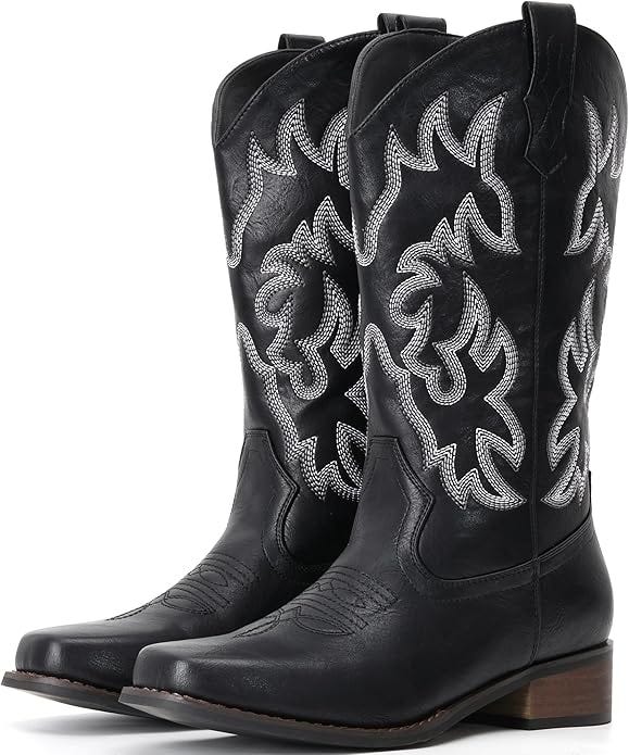 IUV Cowboy Boots For Women Square Toe Cowgirl Boots Mid Calf Western Boots Pull On Fashion Cowboy Boots