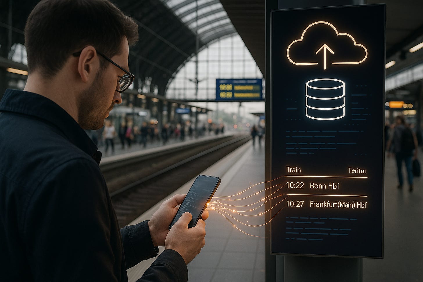 Man using phone at train station with data syncing to a smart display showing train times to Bonn and Frankfurt. Man using phone at train station with data syncing to a smart display showing train times to Bonn and Frankfurt.
