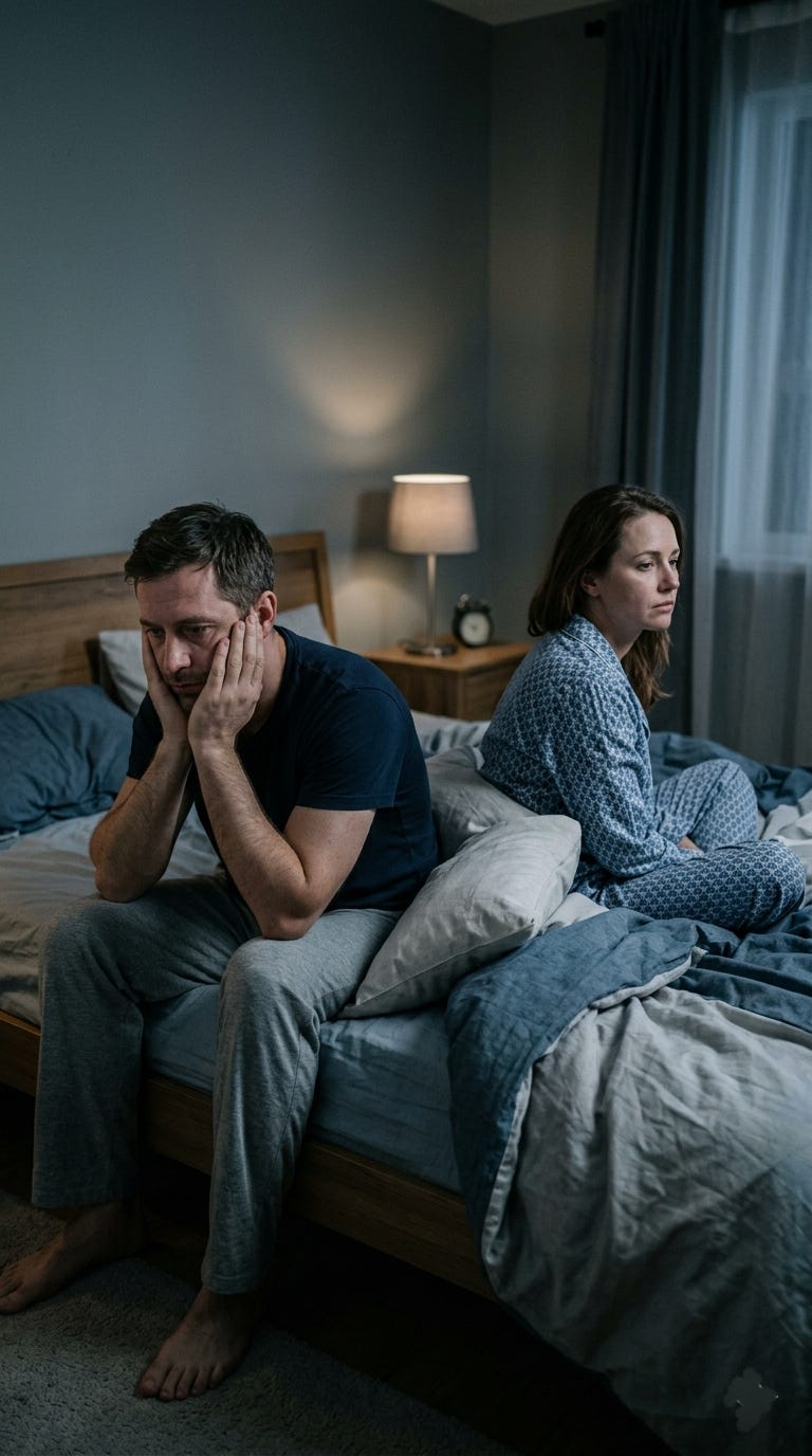 A husband and wife dressed in in their different pjs, sitting back to back on their bed with das expressions on their faces