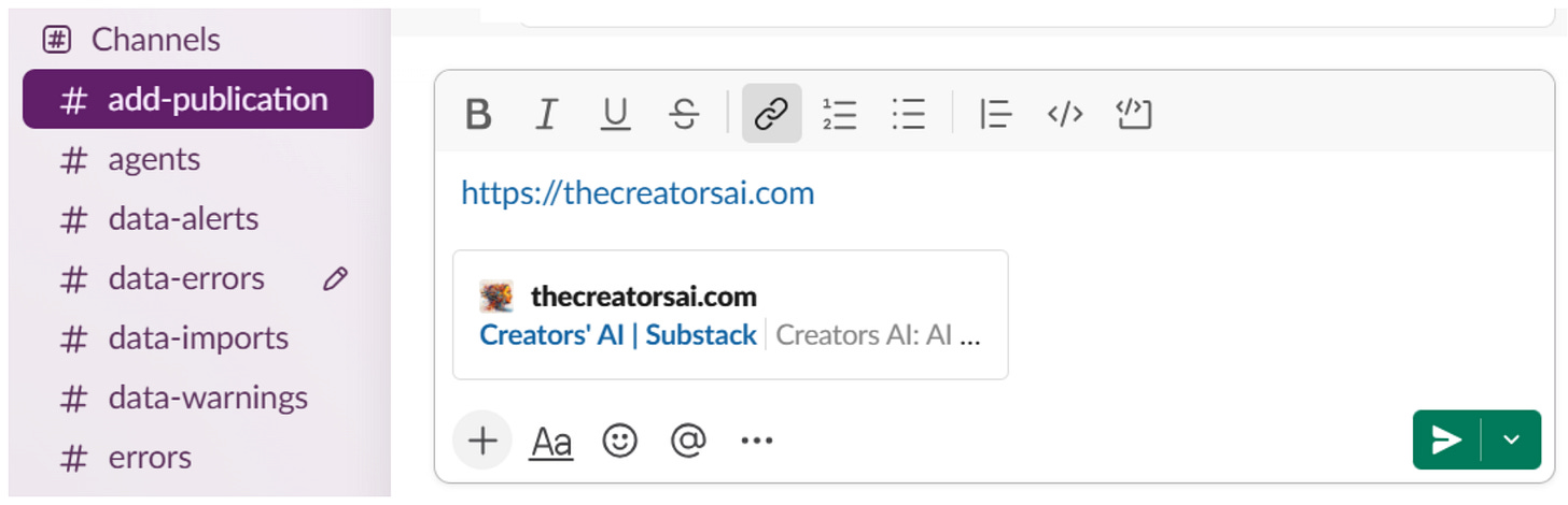 Slack channel message with Substack publication URL