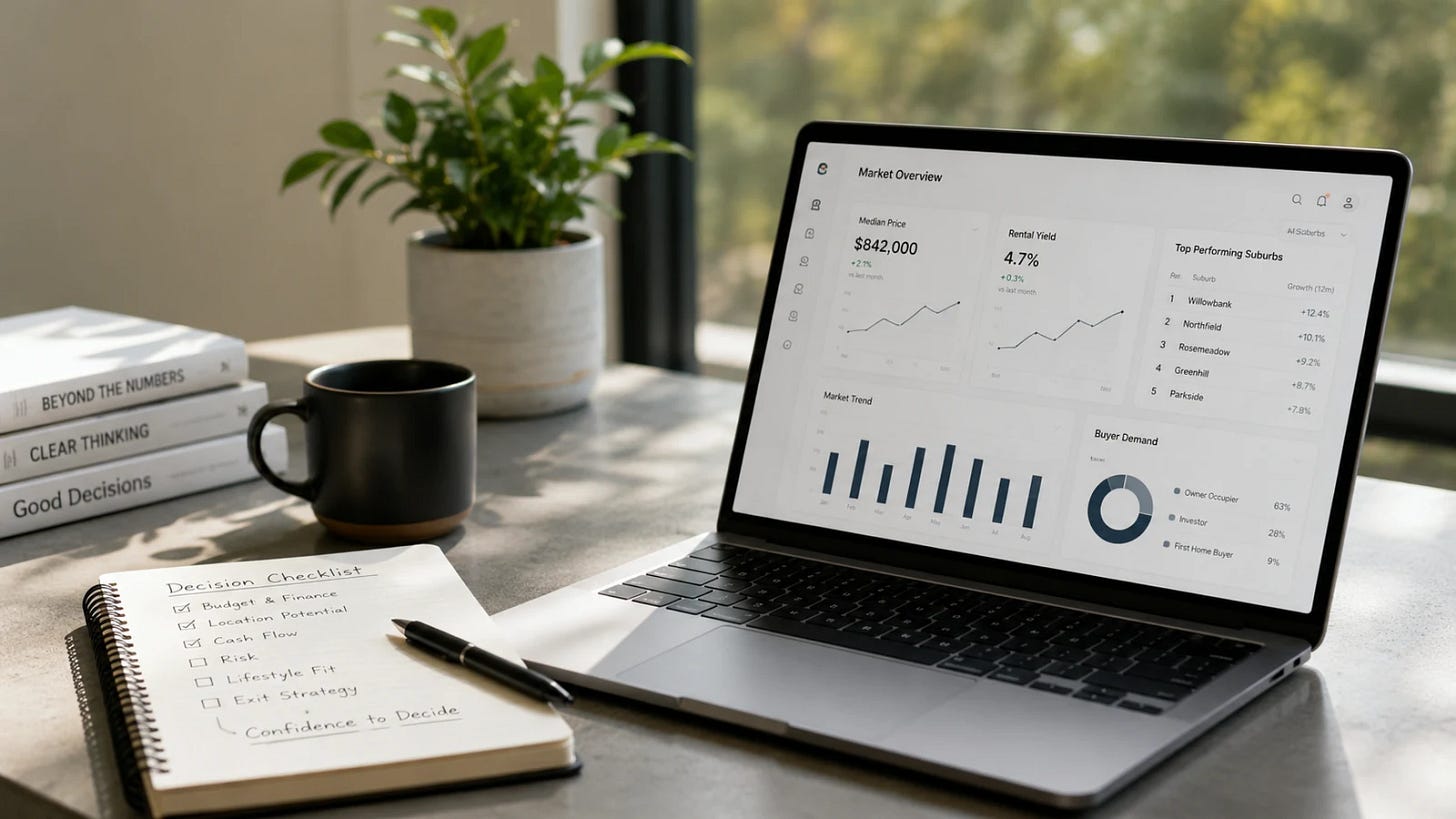 Minimal modern workspace with a laptop showing a property data dashboard beside a handwritten decision checklist, representing the gap between better data and confident decisions.