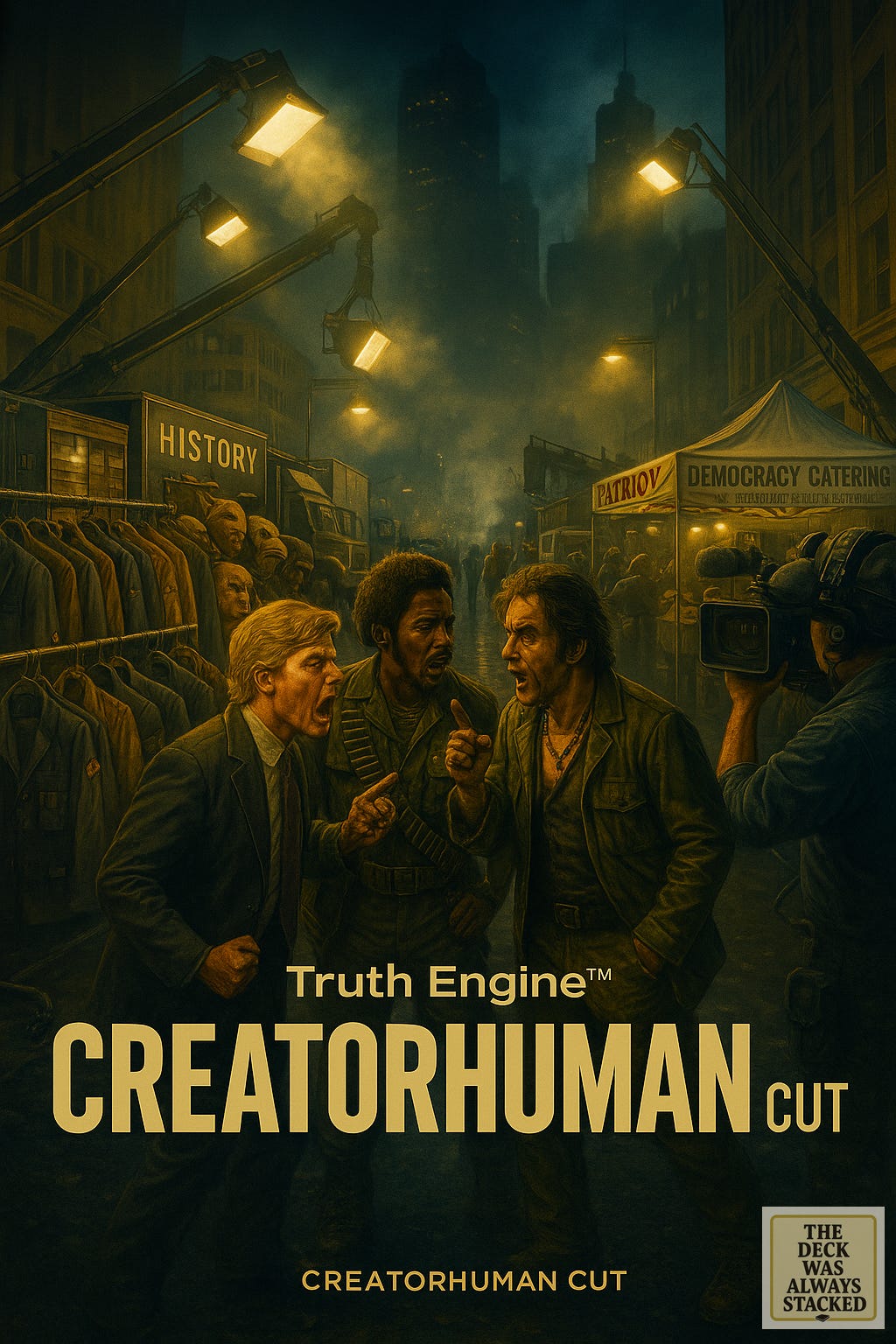 Backstage film set in a damp urban alleyway, with glowing blue signs reading ‘EDIT HISTORY HERE’ and ‘THE SYSTEM IS STILL ROLLING.’ A director’s chair labeled ‘PREDICTIVELY CREATIVE’ faces a monitor playing a loop of the arguing men, while cables and old reels clutter the foreground.