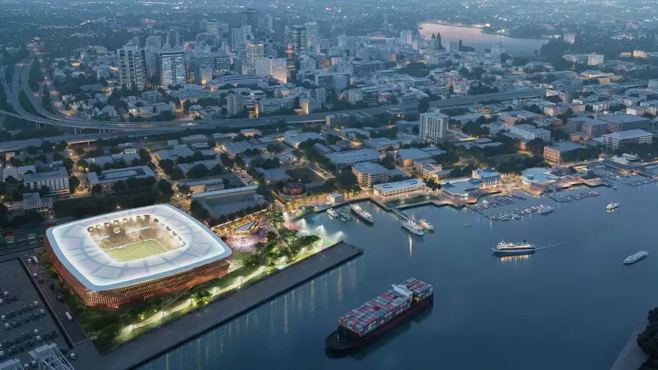 A mock-up of a waterfront soccer stadium at Howard Terminal in Oakland