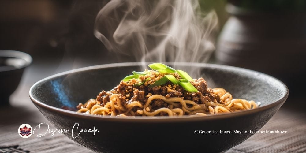 Dan dan noodles with sesame-chili sauce, minced pork, green onions, and peanuts, steaming hot in ceramic bowl.