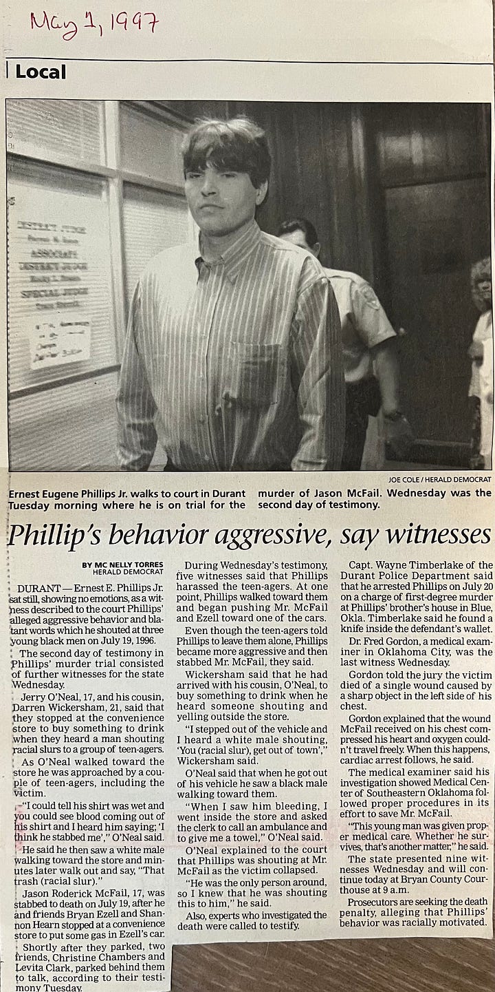 Stories as published in the Herald Democrat in 1997 depicting the newspaper coverage of a death penalty trial in Durant, Oklahoma. (Mc Nelly Torres | Don't Forget My Voice)