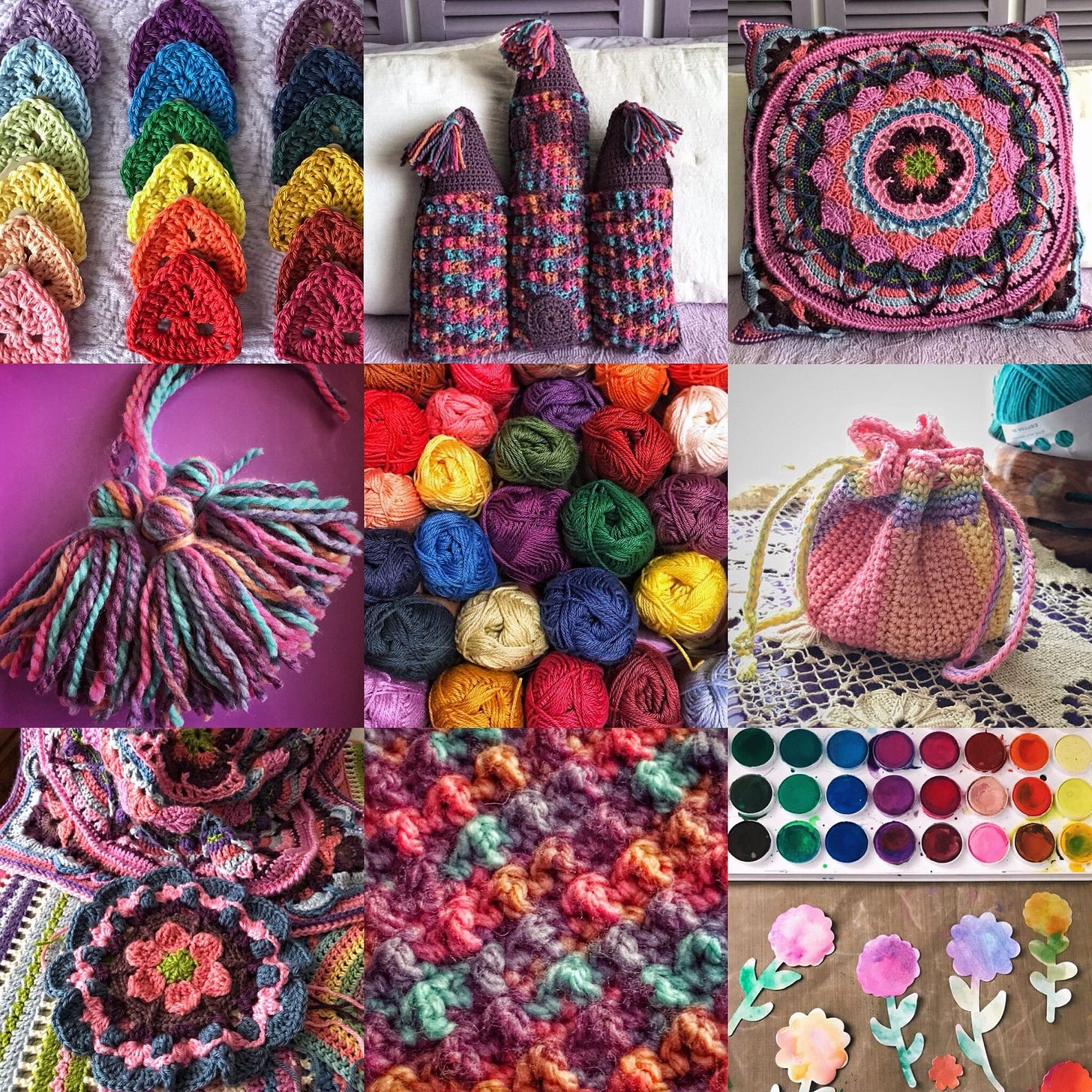 3 by 3 image grid with lots of photos of crochet projects 3 by 3 image grid with lots of photos of crochet projects