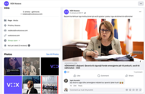 Këto pamje tregojnë kontrastin mes shifrës së deklaruar të ndjekësve të VOX Kosova në Facebook mbi 21 mijë dhe nivelit real të angazhimit në postimet e saj. Përmbajtje të ndryshme, përfshirë artikuj sensazionalë dhe tema politike të nxehta, marrin vazhdimisht dhjetëra apo pak qindra reagime, një disproporcion i theksuar që ngre pyetje legjitime mbi natyrën reale të audiencës, autenticitetin e ndikimit dhe transparencën e vetëparaqitjes publike të kësaj platforme mediatike.