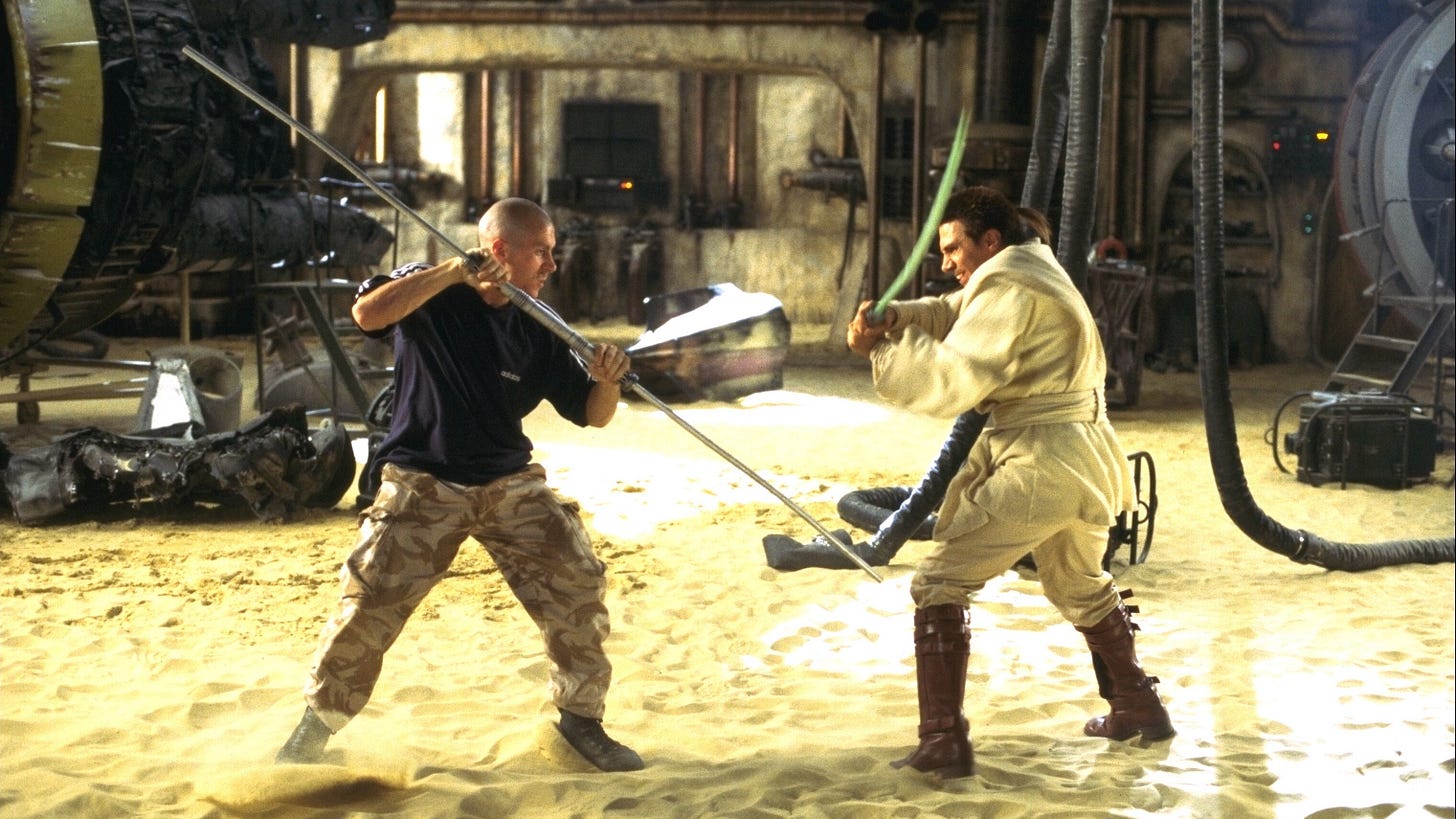 Ray Park and Andreas Petrides on the set of The Phantom Menace