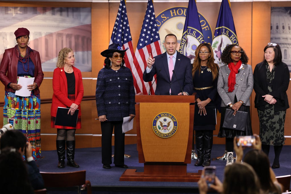 Leader Jeffries (center) Speaking at Press Conference; From left to right, Del. Stacey Plaskett, Rep. Debbie Wasserman Schultz, Rep. Frederica Wilson, Leader Jeffries, Rep. Sheila Cherfilus-McCormick, Rep. Yvette Clarke, Rep. Grace Meng Leader Jeffries (center) Speaking at Press Conference; From left to right, Del. Stacey Plaskett, Rep. Debbie Wasserman Schultz, Rep. Frederica Wilson, Leader Jeffries, Rep. Sheila Cherfilus-McCormick, Rep. Yvette Clarke, Rep. Grace Meng