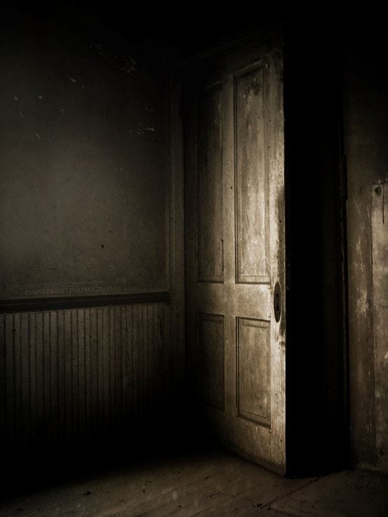 To stand in a brightly lit hallway, alone in silence and cold, artificial  light, a door cracked open in fron… | Secret passageways, Scary pictures,  Dark photography