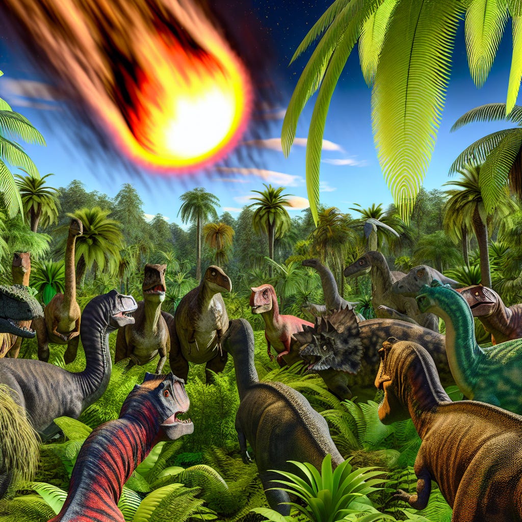 a group of dinosaurs in a prehistoric jungle, as a huge meteor is hurtling towards earth
