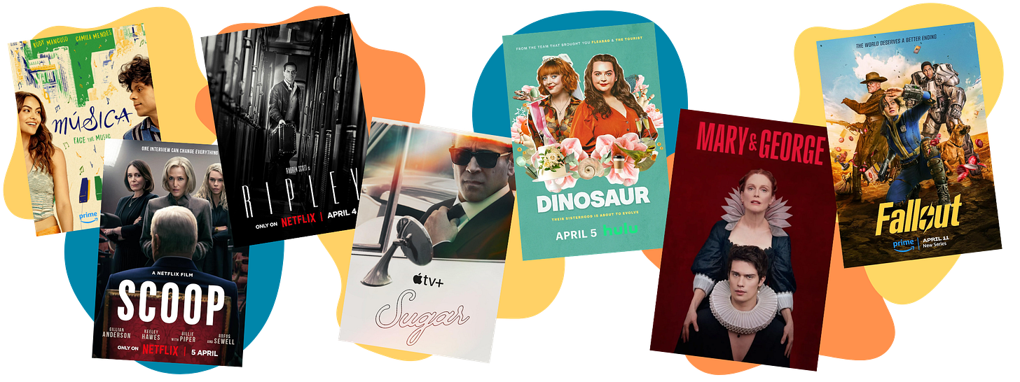 What to watch this week on streaming including Musica, Scoop, Ripley, Sugar, Dinosaur, Mary and George, and Fallout