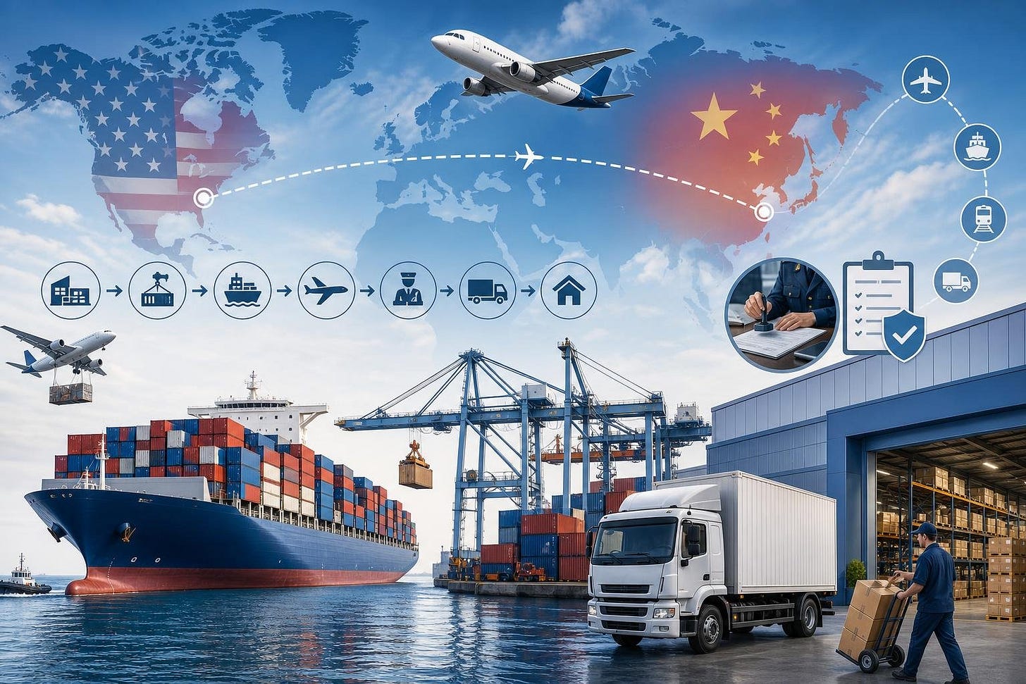 A cargo ship with containers sailing across the ocean, a delivery truck arriving at a warehouse, and a map showing a shipping route from China to the USA. A cargo ship with containers sailing across the ocean, a delivery truck arriving at a warehouse, and a map showing a shipping route from China to the USA.