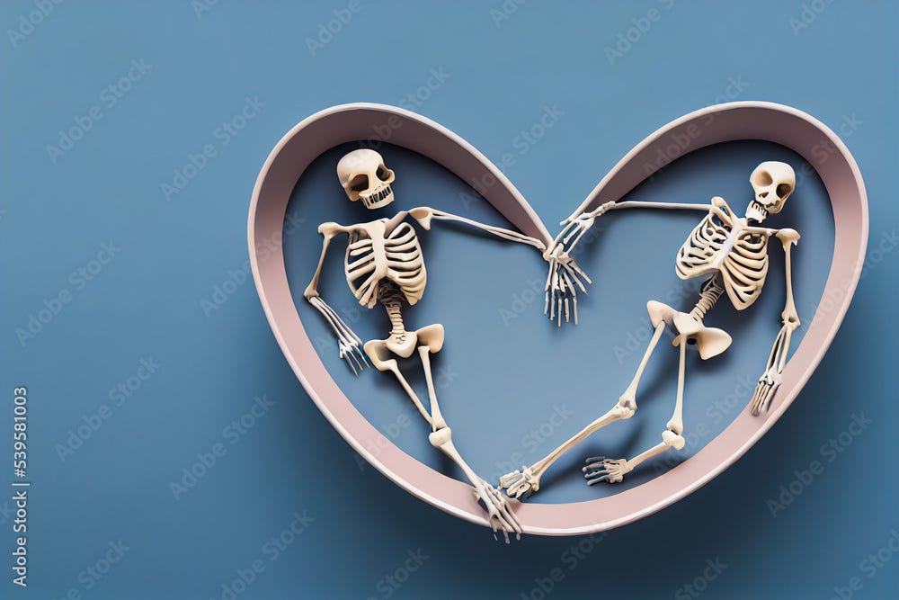 Dead skeleton couple in love after death, in a heart shaped coffin, 3d  illustration Stock Illustration | Adobe Stock