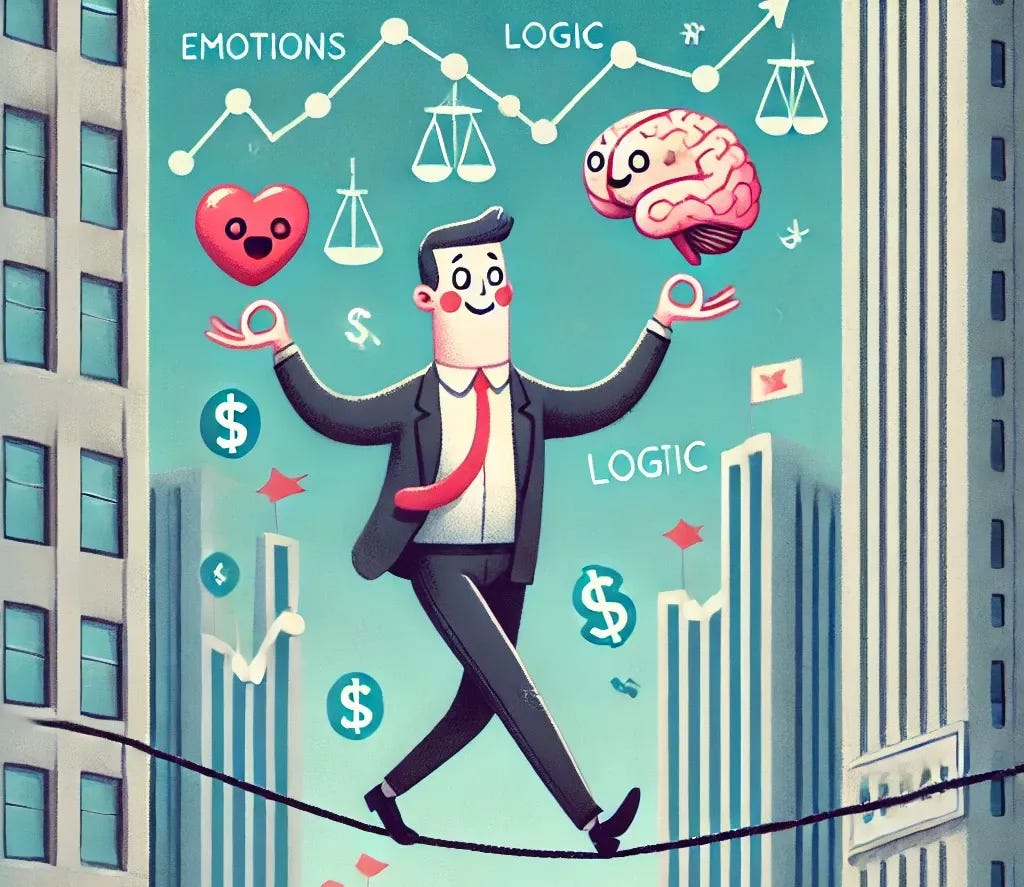 A humorous and light-hearted illustration of an investor balancing on a tightrope between two tall buildings, representing the highs and lows of the stock market. The investor is holding a calm face while juggling symbols of emotion (a heart for emotions, a brain for logic) with stock market charts in the background fluctuating wildly. There are little dollar signs and upward/downward arrows flying around. The style should be playful and cartoon-like, giving a fun and not too serious vibe.