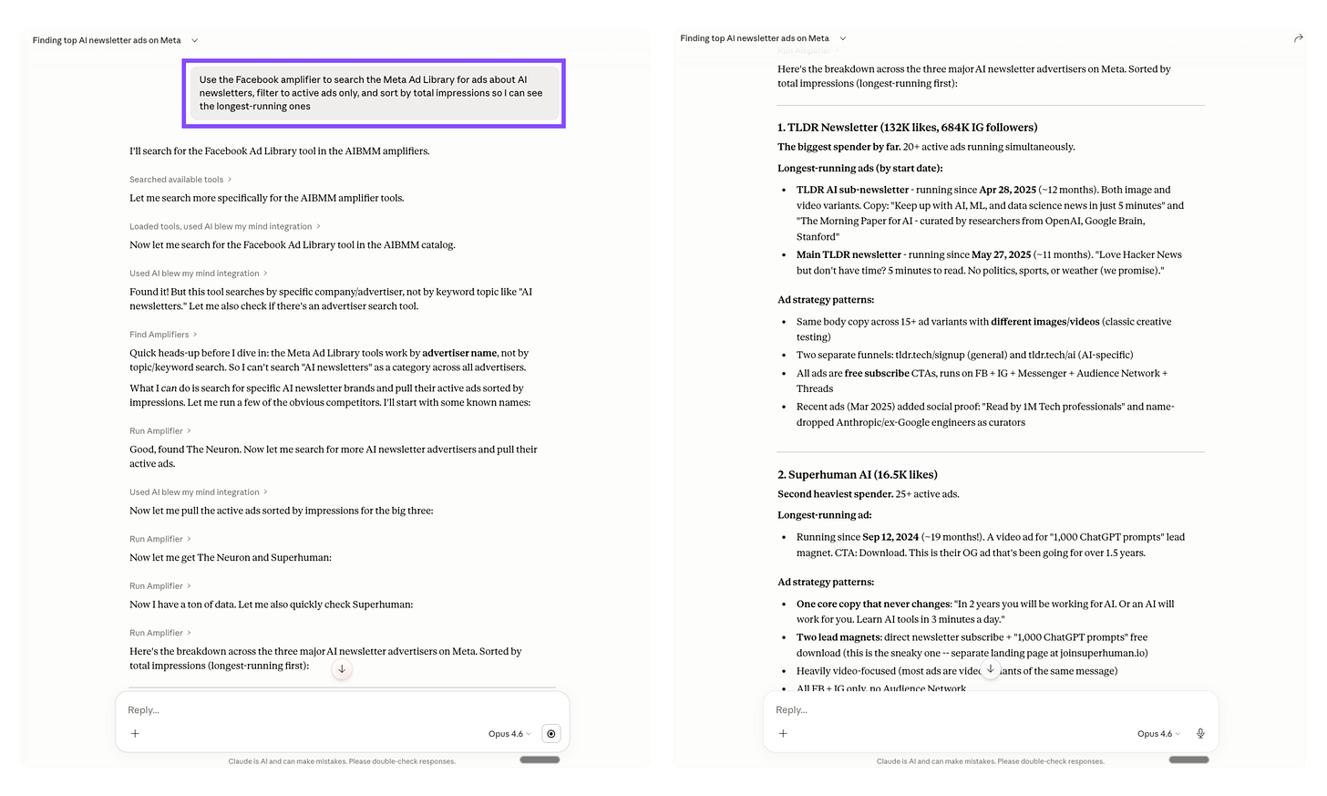 Side-by-side screenshots of Claude using the Facebook amplifier to research AI newsletter ads on Meta, showing the search process on the left and the results on the right with a detailed breakdown of TLDR Newsletter and Superhuman AI's ad strategies, longest-running ads, and creative patterns.