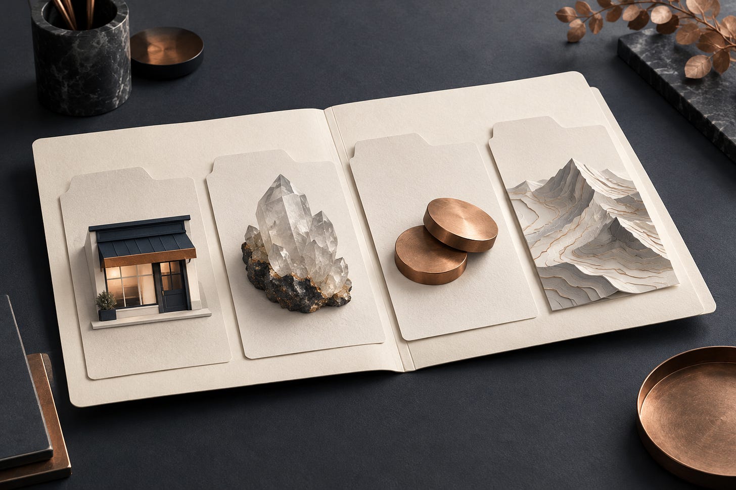 An open folder holds four illustrated cards: a storefront, a mineral crystal, copper discs and layered terrain. An open folder holds four illustrated cards: a storefront, a mineral crystal, copper discs and layered terrain.