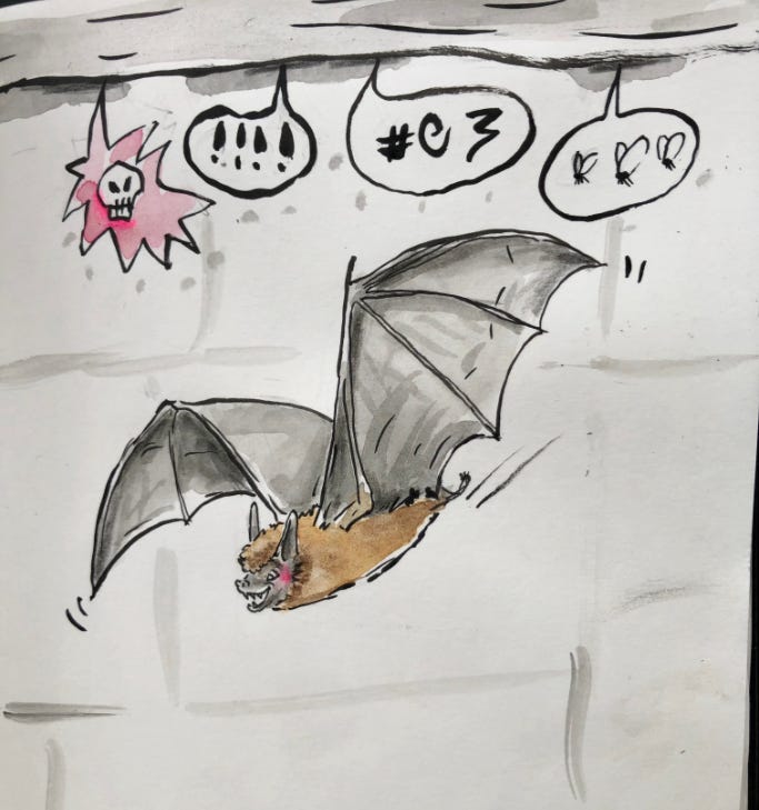illustration. imagining what the bats are saying as they leave the roof