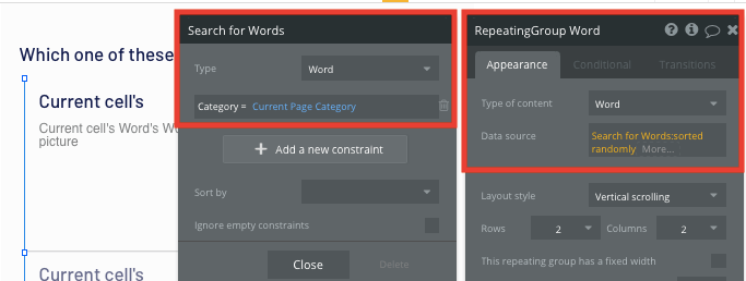 Hiển thị danh sách từ vựng trong ứng dụng sao chép Duolingo được xây dựng mà không cần lập trình.