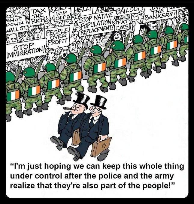 May be an image of ‎text that says "‎ΠΗΕ.. SHUT POWN RICH WALL عا BAILOUTY در OFFSMC STOP POPULATIONGE FAT NATIVE ស្នែរទ BANKERS!! REPLACEMENT! CATS! PROFIT IMMIGRATION! STOP " just hoping we can keep this whole thing under control after the police and the army realize that they're also part of the people!"‎"‎