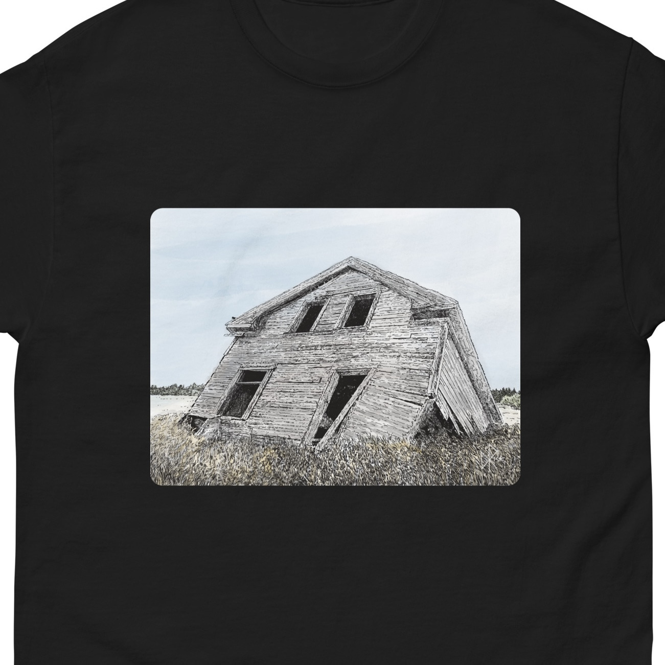 Abandoned prairie homestead house. Entropy takes its toll. Sketch art by Don Rice.