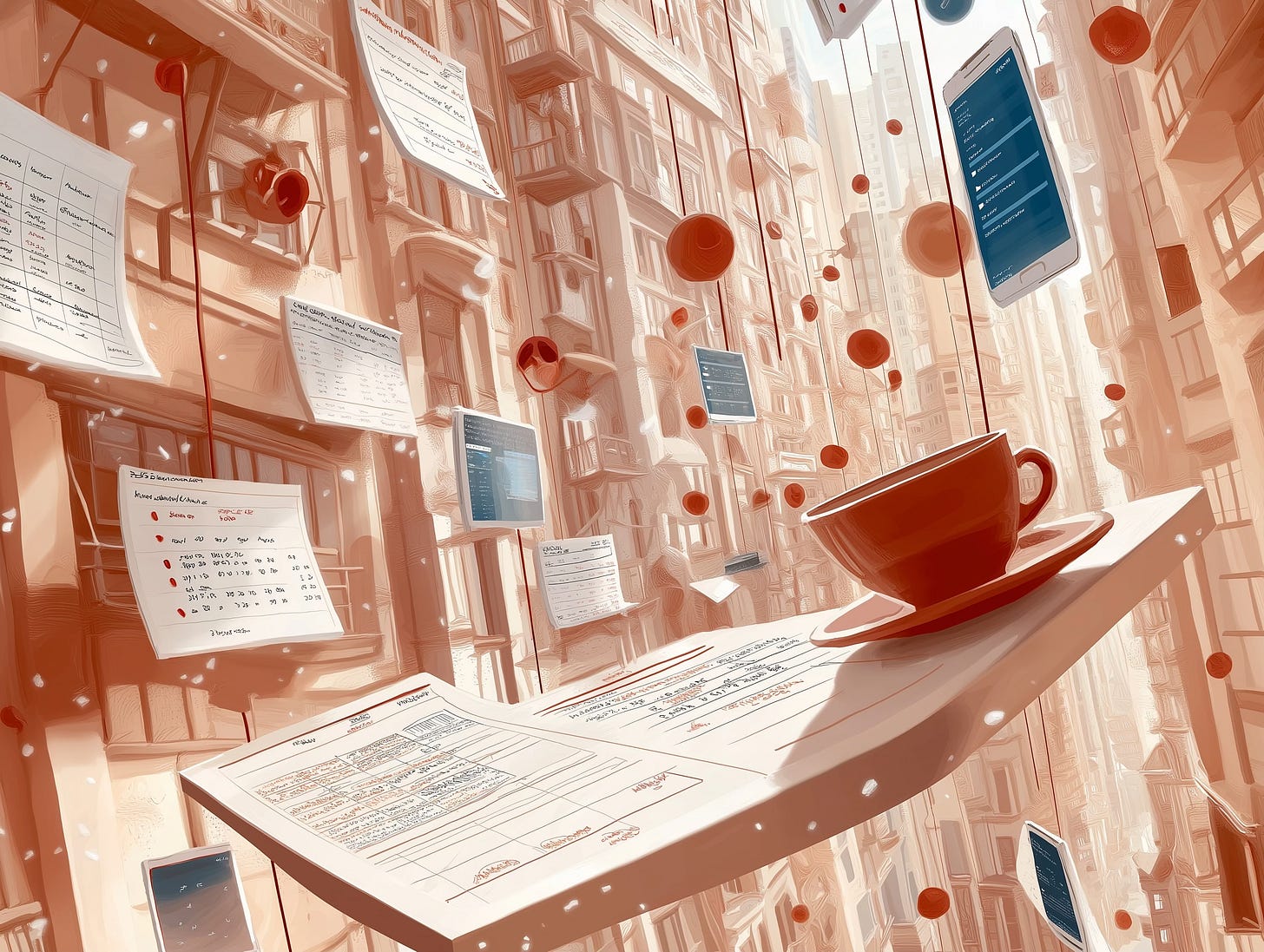 surreal digital illustration of the feeling of being overwhelmed by floating notifications, calendars, emails, ringing phones, half-drunk coffee cups, and multitasking chaos, surrounded by glowing screens and to-do lists, fragmented light, blurred motion, expression of mental overload, late-stage capitalism vibes, editorial style, warm muted color palette with pops of red and blue, modern life anxiety, busy urban environment blended with home office, visual metaphor for burnout, highly detailed, cinematic lighting