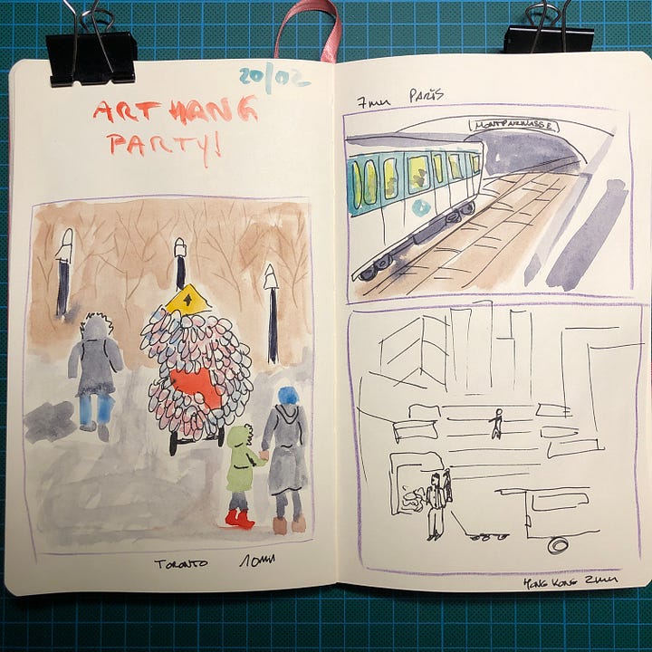 Photos des deux doubles-pages de mon sketchbook où l’on voit les 8 scènes urbaines que j’ai dessinées.