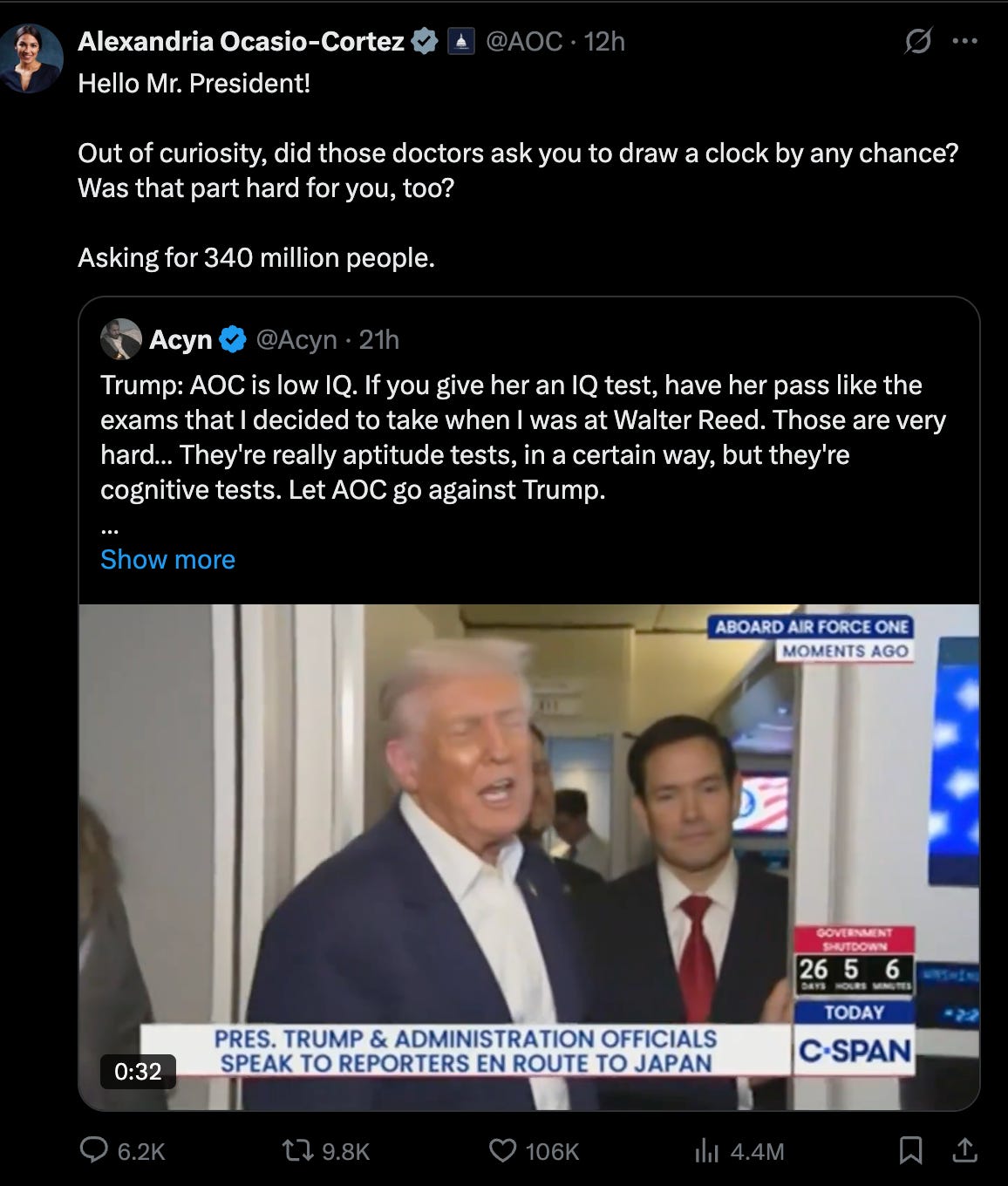 AOC tweet: Hello Mr. President! Out of curiosity, did those doctors ask you to draw a clock by any chance? Was that part hard for you, too? Asking for 340 million people. AOC tweet: Hello Mr. President! Out of curiosity, did those doctors ask you to draw a clock by any chance? Was that part hard for you, too? Asking for 340 million people.