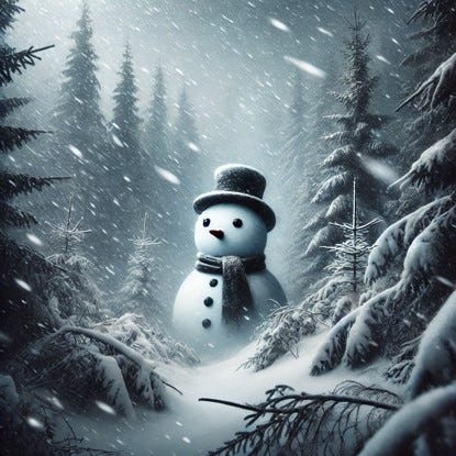 A snowman lost in a dense winter forest during a heavy snowstorm. The snowman has a classic design with a carrot nose, coal eyes, a scarf, and a top hat, but it appears lonely and slightly weathered. Surrounding the snowman are tall, snow-laden pine trees and a swirling storm of snowflakes obscuring the view. The atmosphere is dramatic and cold, with muted colors and a sense of isolation, yet still retaining a touch of whimsy.