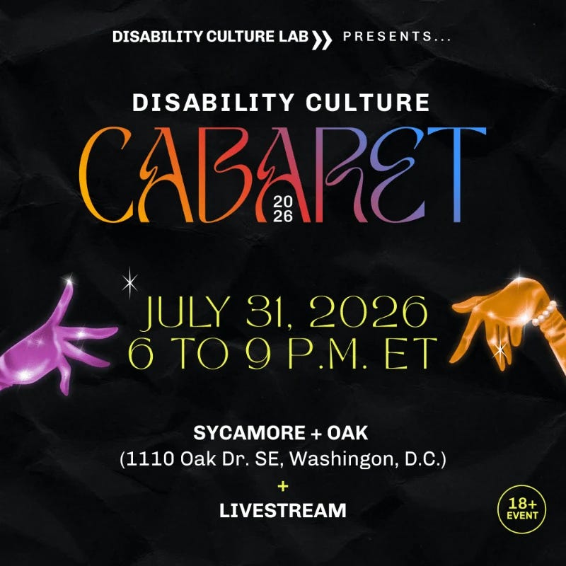Colorful abstract hands frame the event details for the "Disability Culture Cabaret" on a dark, textured background. Colorful abstract hands frame the event details for the "Disability Culture Cabaret" on a dark, textured background.