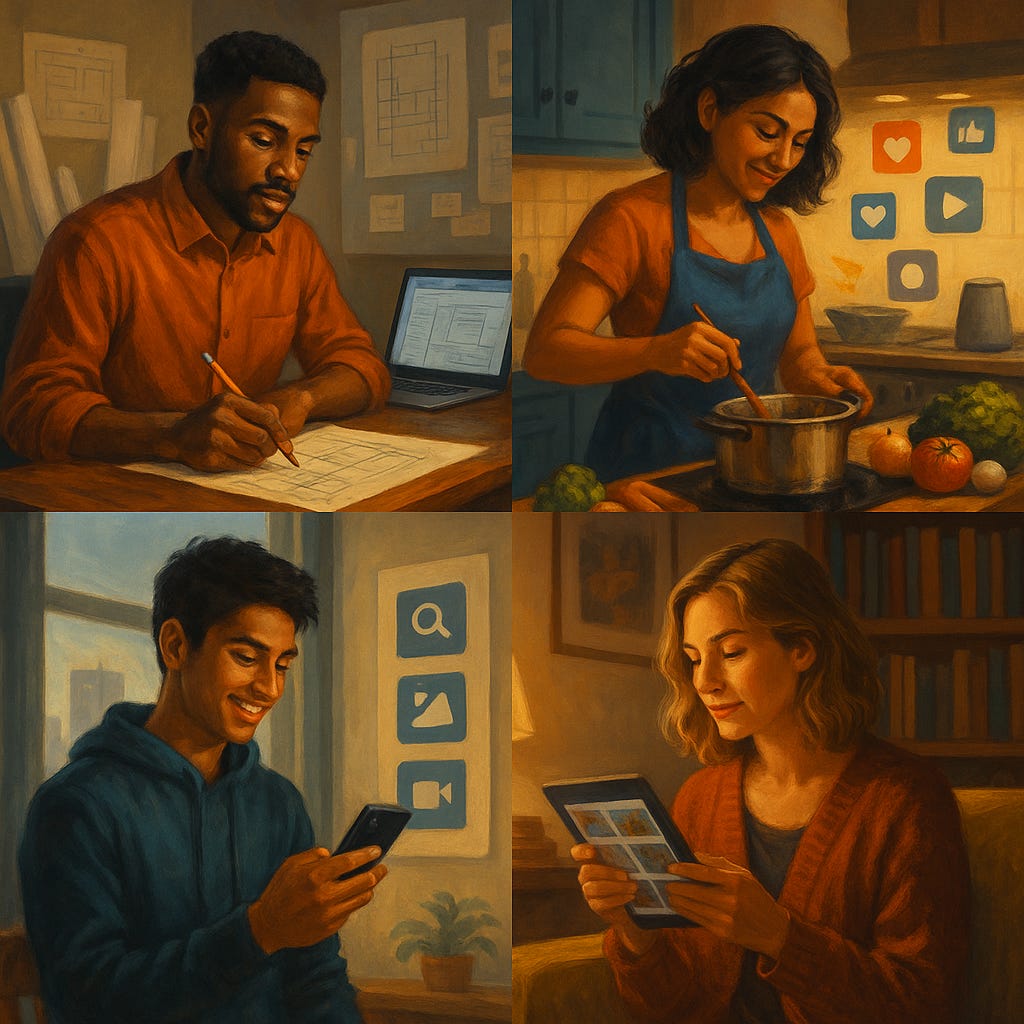A warm, painterly digital illustration divided into four scenes. Each shows a different type of creator: a man sketching content workflows at his desk, a woman cooking in her kitchen with social media icons glowing behind her, a young man in a hoodie using his phone near a window, and a woman reading from a tablet surrounded by books. The lighting is cozy and golden, symbolizing creativity, connection, and focus. A warm, painterly digital illustration divided into four scenes. Each shows a different type of creator: a man sketching content workflows at his desk, a woman cooking in her kitchen with social media icons glowing behind her, a young man in a hoodie using his phone near a window, and a woman reading from a tablet surrounded by books. The lighting is cozy and golden, symbolizing creativity, connection, and focus.