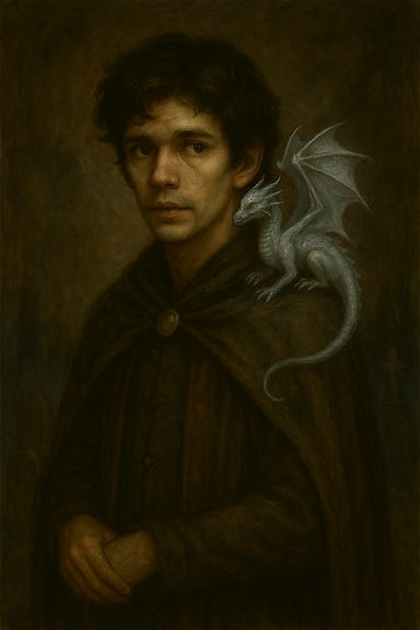 A portrait of Felonious, a slender, introspective figure with tousled dark hair and expressive eyes. He wears a high-collared coat in deep charcoal and indigo tones, embroidered subtly with arcane symbols. Perched on his shoulder is a silver pseudodragon spirit—ethereal and shimmering, with delicate wings, glowing eyes, and a serpentine tail that curls gently around his neck. Felonious gazes slightly downward, lost in thought, while the pseudodragon watches the viewer with quiet curiosity. The background is a soft twilight mist with faint magical sigils drifting in the air. The atmosphere is quiet, mystical, and emotionally resonant.