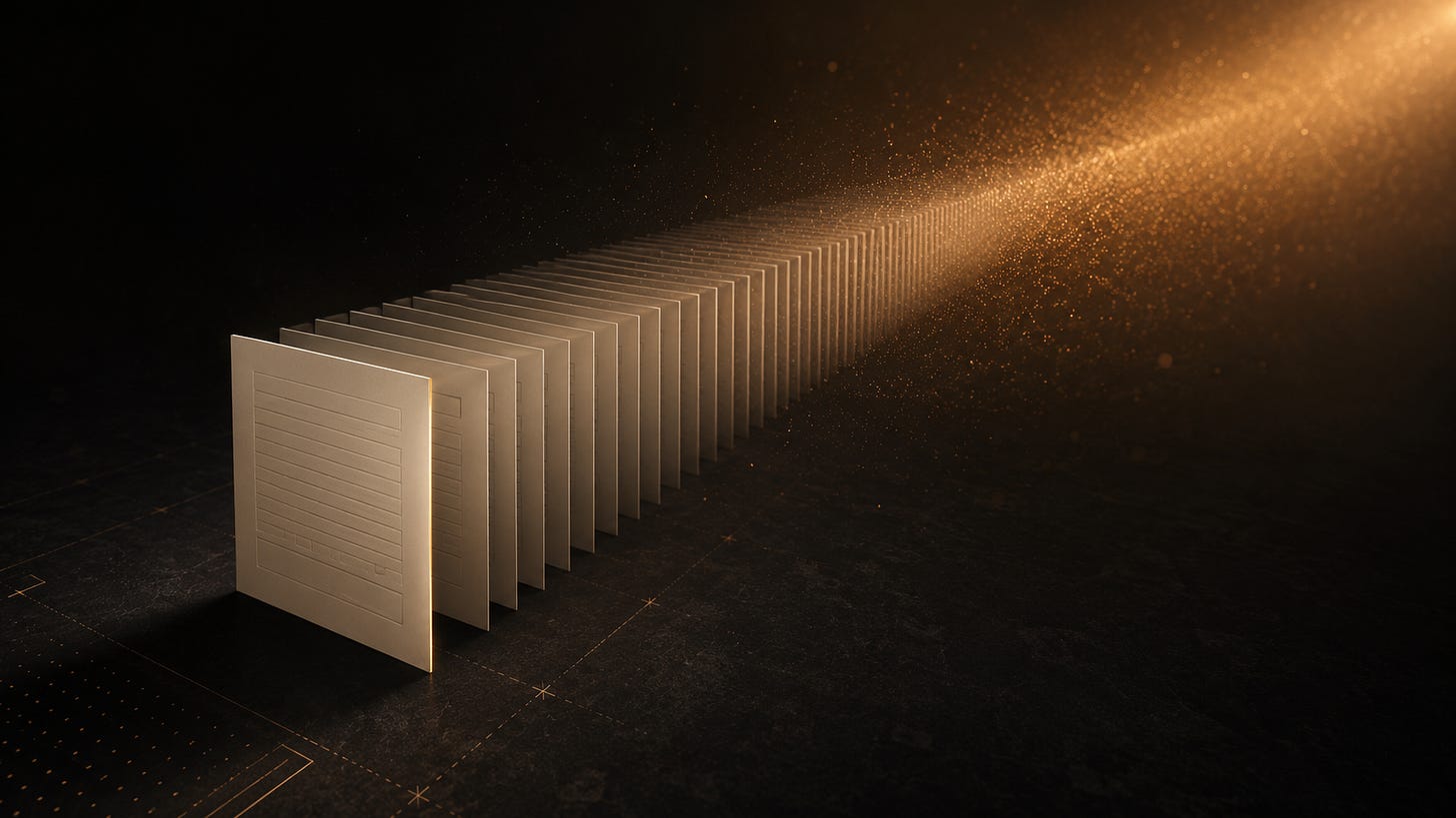 A single pale document standing in a dark space, repeating into hundreds of identical copies that recede into a beam of copper light and dissolve into golden dust. Only the front document carries a faint metallic seal along its edge.