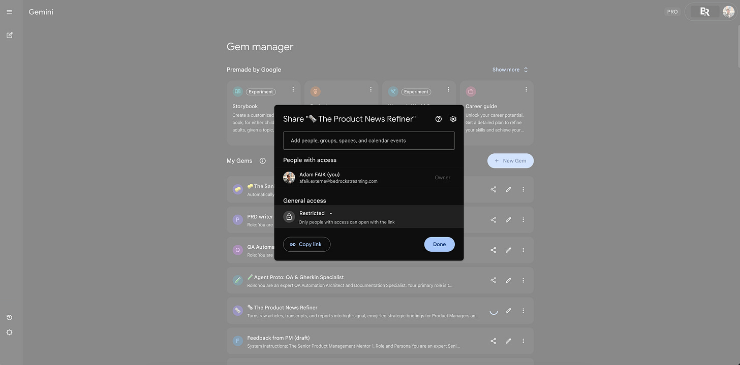 The sharing pop-up menu in Gemini allowing the user to copy a link or add people.