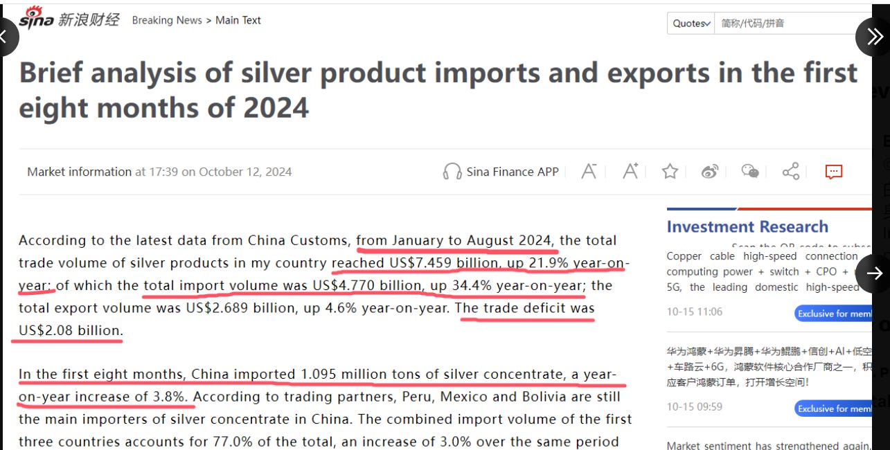 China Will Pay Above Spot and is Buying Silver Concentrate Directly from Mexico, Peru and Bolivia.