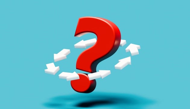 Hovering Red Question Mark Surrounded by Circle of Red Arrows on Cyan Teal Background Hovering Red Question Mark Surrounded by Circle of Red Arrows on Cyan Teal Background