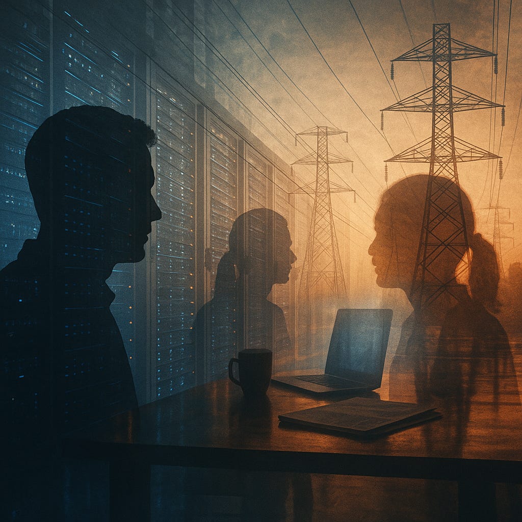 Human silhouettes overlaid with data centres and power lines, representing the hidden costs of AI.