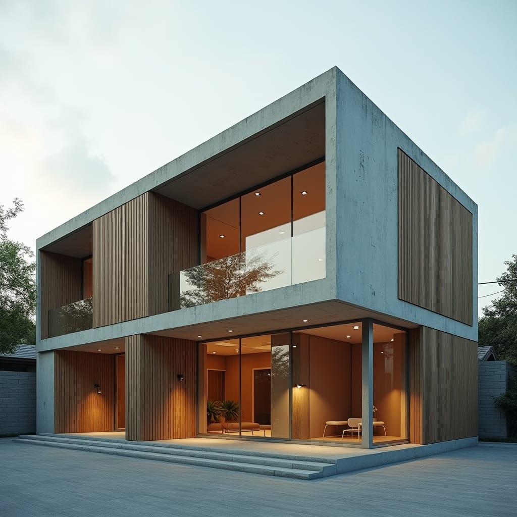 A basic commercial block, with a modular design using simple, rectangular shapes. The building is made of concrete with large windows, offering open spaces inside for flexible use. The exterior is accented with vertical wooden slats for a touch of warmth and texture. Modular design, concrete and wood, clean and functional.