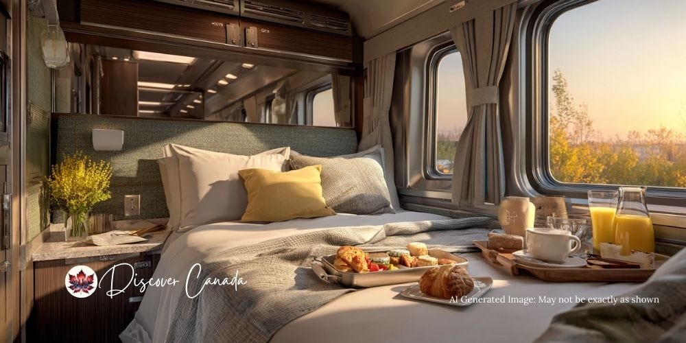 VIA Rail Prestige Class cabin with double bed and prairie sunset view. VIA Rail Prestige Class cabin with double bed and prairie sunset view.