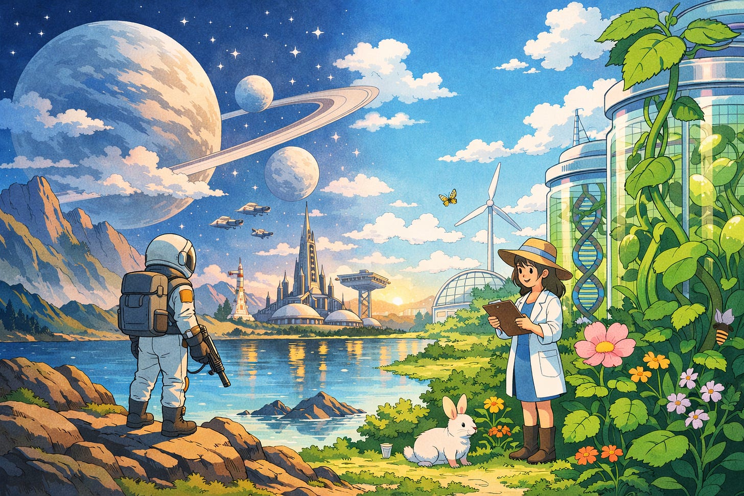 Studio Ghibli-style Space and Biotech stocks illustration
