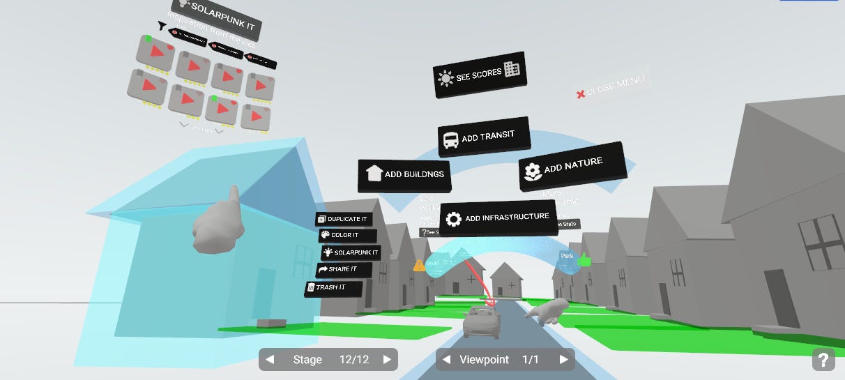 ShapesXR 3D environment with low-poly gray houses and a bunch of UI stuff