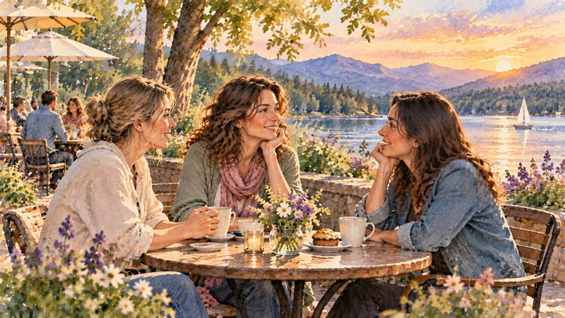 Three women enjoying a relaxed conversation over coffee at a peaceful lakeside café, with flowers, mountains, and a sailboat in the background.