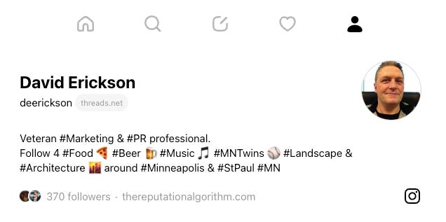 Screenshot of David Erickson's Threads biography imported from Instagram