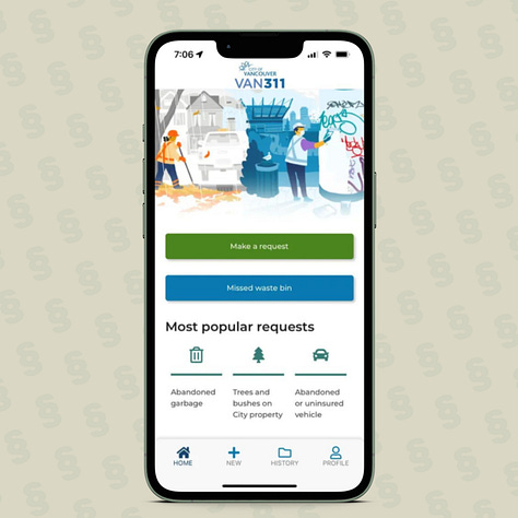Three screenshots of Vancouver's 3-1-1 iOS Mobile App