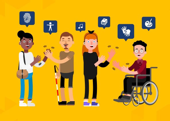 Fundo amarelo. No centro, pessoas diversas com símbolos que representam a cultura surda: arte, literatura, Libras e acessibilidade.