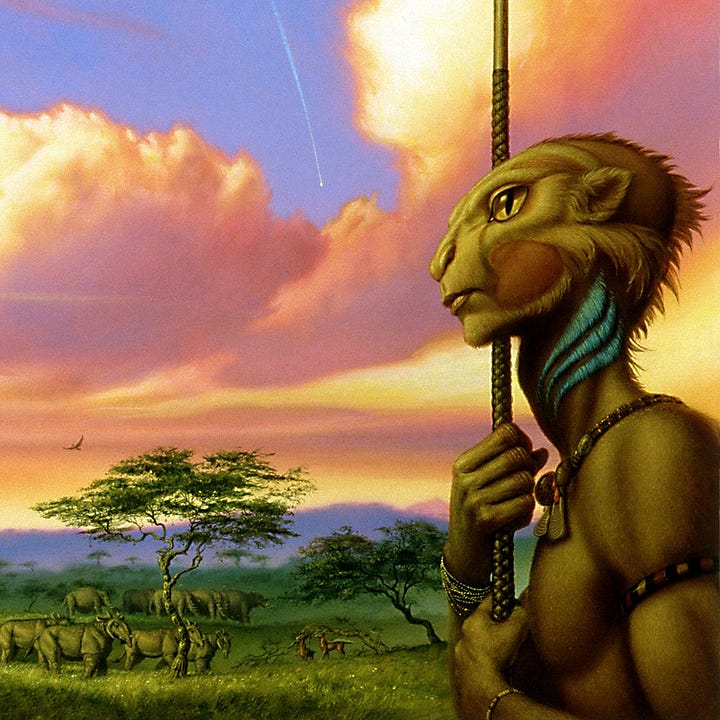 LEFT: Figure detail from PARADISE featuring the alien herdsman holding a spear to its chest as its large glassy eyes focus on something off panel left. Blue plumage drapes gill-like on its long slender neck. Behind it pink and peach clouds billow across the savannah. RIGHT: Background detail from PARADISE featuring the herd of stocky alien pachyderms migrating across the grass of the savannah. Horns protrude from their cheeks pointing forward.