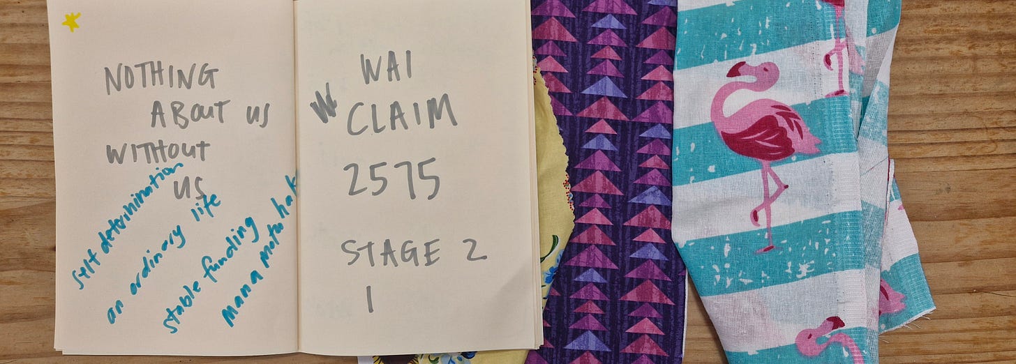 image of notebook with text - nothing about us without us and wai claim 2575 stage 1. there are also some colourful fabrics alongside